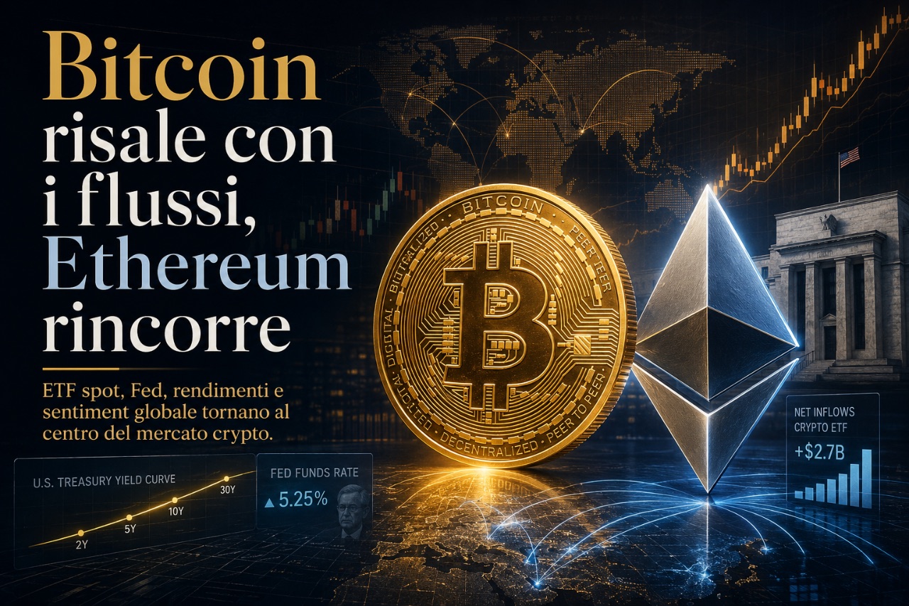 Bitcoin risale con i flussi, Ethereum rincorre: la crypto torna risk-on ma resta appesa alla Fed