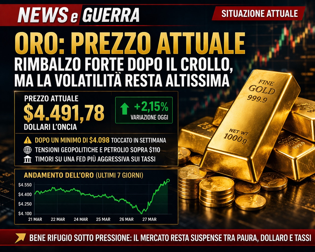Oro, rimbalzo dopo il crollo: il mercato resta in bilico tra guerra, dollaro e tassi